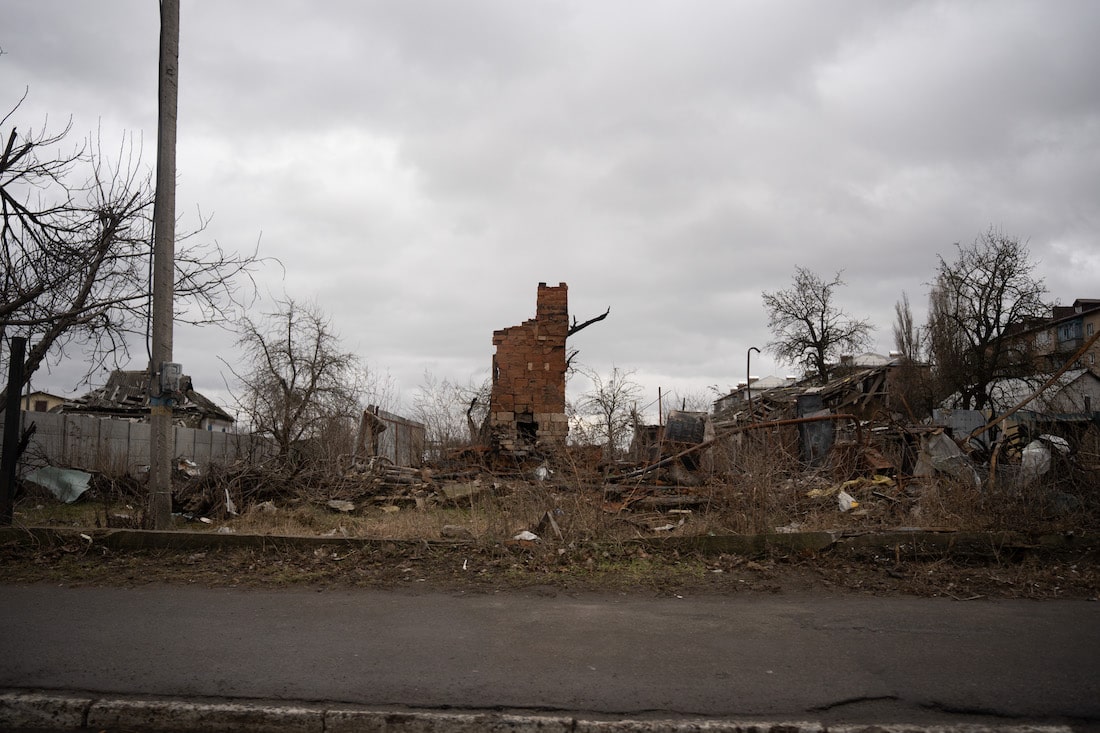 wide shot of a destroyed building in Ukraine