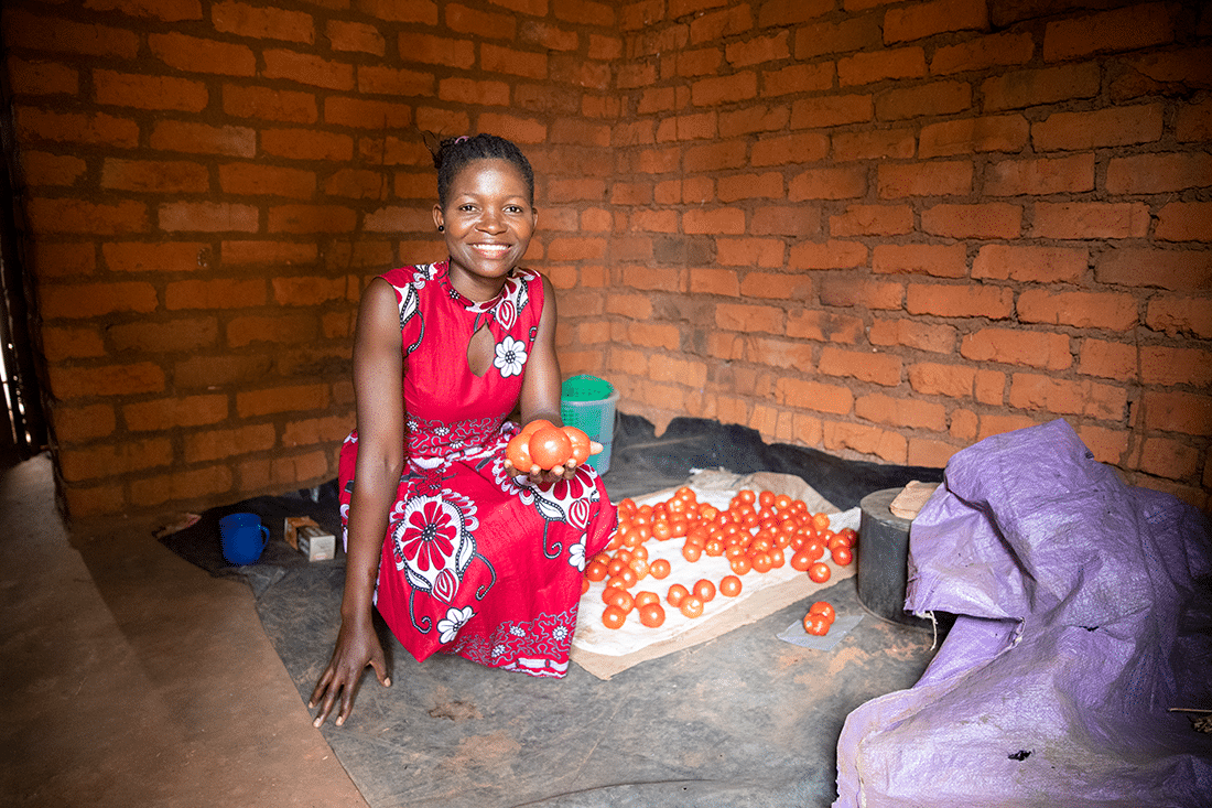 woman crouching next to tomatoes